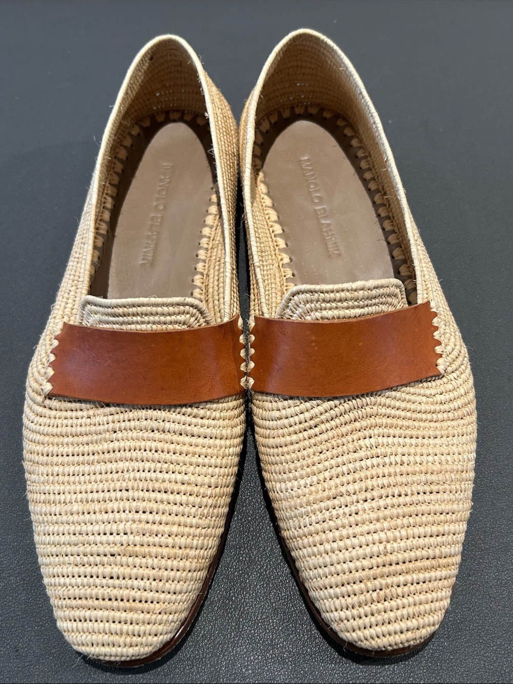 Manolo Blahnik Woven Raffia Loafers with Brown Leather Strap
